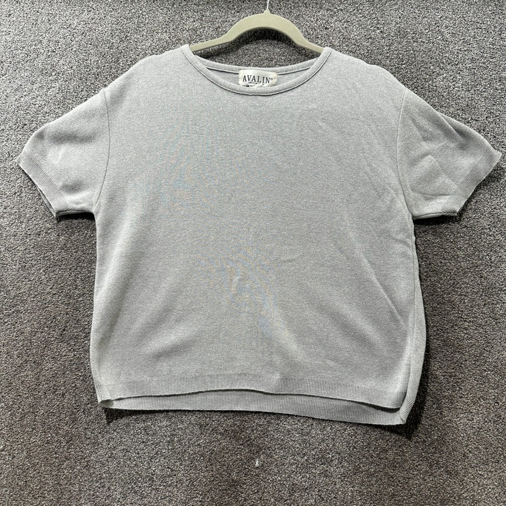 Avalin Vintage 90s Gray 100% Cotton Short Sleeve Knit Sweater Top Large USA Made